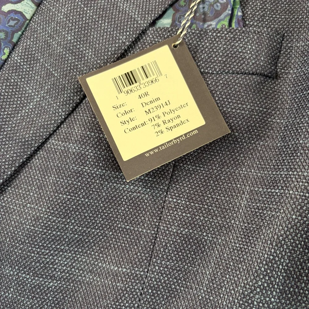 Tailorbyrd Stretch Fabric Sport Coat Blazer in Denim‎ Blue Men 40R 2-Button NWT